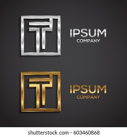 Letter T logo,Square shape, Gold and Silver, metallic texture, 3d Glossy