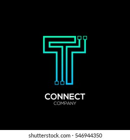 Letter T logotype blue and green color,Technology and digital abstract dot connection vector logo