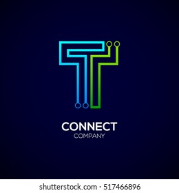 Letter T logotype green and blue color,Technology and digital abstract dot connection vector logo