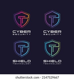 Letter T logotype with Line Dots and Cyber Shield Security Logo Digital Technology Business Company