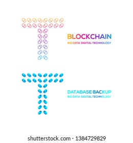 Letter T Logotype with Round Circle Dot and Cylinder shape Database backup logo, Technology Digital concept, FinTech Blockchain and Cryptocurrency Symbols, Server Big Data Processing and Network Signs