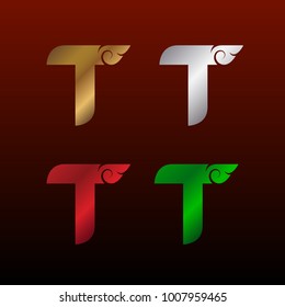 Letter T logotype with Thai art style, Metallic Glossy texture, Gold and Silver, Red and Green, Beautiful Luxury, Thai vintage Logo for your Corporate identity