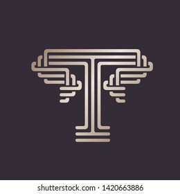 Letter T logo.Typographic icon with uppercase alphabet initial made of intertwined lines.Lettering sign in golden metallic color isolated on dark background.Modern, geometric, corporate style.