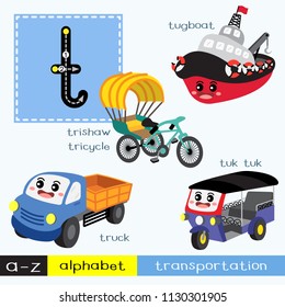 Letter T lowercase children colorful transportations ABC alphabet tracing flashcard for kids learning English vocabulary and handwriting Vector Illustration.