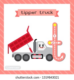 Letter T lowercase cute children colorful transportations ABC alphabet tracing flashcard of Tipper Truck for kids learning English vocabulary and handwriting Vector Illustration.