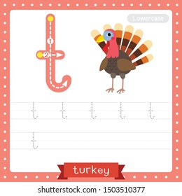 Letter T lowercase cute children colorful zoo and animals ABC alphabet tracing practice worksheet of Turkey bird for kids learning English vocabulary and handwriting vector illustration.