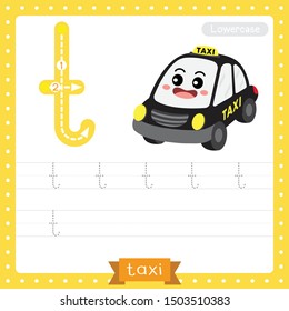 Letter T lowercase cute children colorful transportations ABC alphabet tracing practice worksheet of Taxi for kids learning English vocabulary and handwriting Vector Illustration.