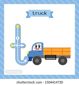 Letter T lowercase cute children colorful transportations ABC alphabet tracing flashcard of Truck for kids learning English vocabulary and handwriting Vector Illustration.