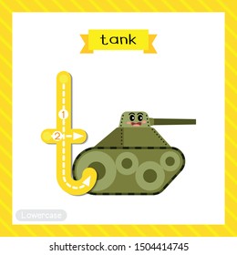Letter T lowercase cute children colorful transportations ABC alphabet tracing flashcard of Tank for kids learning English vocabulary and handwriting Vector Illustration.