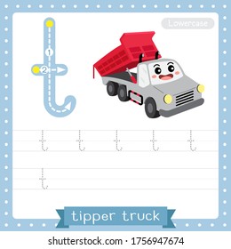 Letter T lowercase cute children colorful transportations ABC alphabet tracing practice worksheet of Tipper Truck for kids learning English vocabulary and handwriting Vector Illustration.