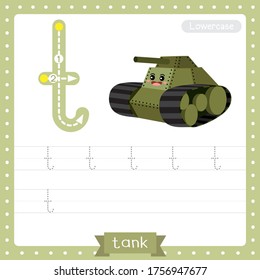 Letra T minúscula niños lindos y minúsculas transportaciones coloridas hoja de trabajo de práctica de seguimiento del alfabeto ABC de Tank para niños que aprenden vocabulario inglés y escritura a mano Ilustración vectorial.