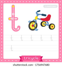 Letter T lowercase cute children colorful transportations ABC alphabet tracing practice worksheet of Children's Tricycle for kids learning English vocabulary and handwriting Vector Illustration.