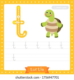 Letter T lowercase cute children colorful zoo and animals ABC alphabet tracing practice worksheet of Turtle for kids learning English vocabulary and handwriting vector illustration.