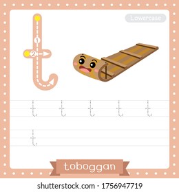 Letter T lowercase cute children colorful transportations ABC alphabet tracing practice worksheet of Toboggan for kids learning English vocabulary and handwriting Vector Illustration.