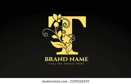 Letter T luxury floral logo design template with gold color