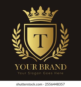 Letter T luxury gold logo concept brand logo design with a royal gold crown emblem and elegant typography
