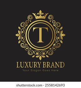 Letter T luxury gold logo concept brand logo design with a royal gold crown emblem and elegant typography
