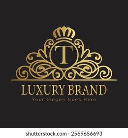 Letter T luxury gold logo concept brand logo design with a royal gold crown emblem and elegant typography
