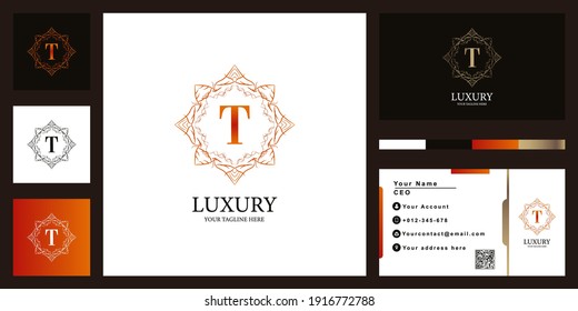 Letter T luxury ornament flower frame logo template design with business card.