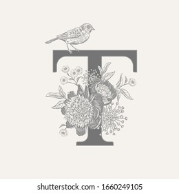 Letter T, luxury peonies, decorative herbs, cute flowers and bird isolated. Vector decoration. Black and white. Vintage illustration. Floral pattern for greetings, wedding invitations, text design