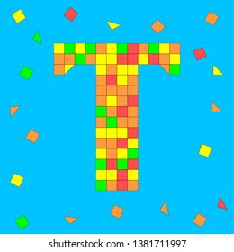 Letter T made of colored squares and triangles. Mosaic font.