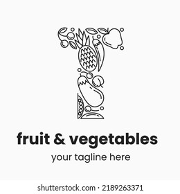 Letter T made of fruit and vegetables. Organic food logo concept. Stock vector illustration.