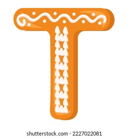 Letter T made from glazed gingerbread. Festive font, symbol of Happy New Year and Christmas, sign and letters of different shapes. Vector flat illustration