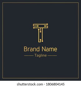 Carta T hecha de líneas y puntos plantilla de diseño de logotipo profesional dorado