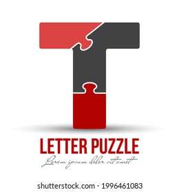 La letra T está hecha de puzzles. Ilustración vectorial para logotipo, logotipo de marca, etiqueta adhesiva o raspado, para educación. Estilo sencillo.