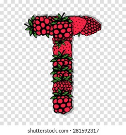 Letter T made from red berries, sketch for your design.. Vector illustration