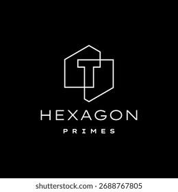letter T mark hexagon hexagonal outline line logo vector icon illustration