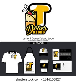 Letter T Meat Kebab Dishes Vector Logo Design Illustration for Turkish and Arabian Fast Food Restaurant with Brand Identity Include Shirt. Apron. Hat. Cup. Business Card. Initial Typography Logo