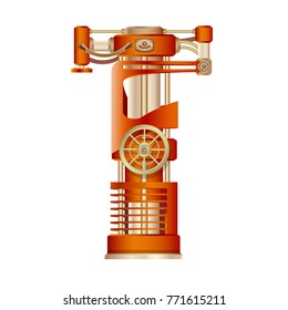 The letter T of mechanic alphabet. Steampunk font style. Mechanical design. Made in the form of a mechanism with moving and stationary parts with tubes, gears and pistons in red casing.