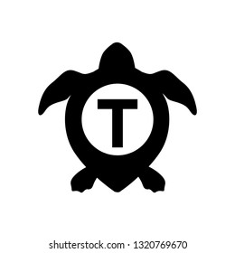 letter t in the middle of location pin icon stylized as a sea turtle