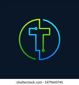 Letter T Mono Line Logo With Element Chip, Connect Concept , Circle Shape Symbol, Green And Blue Color, Technology And Digital Abstract Dot Connection - Vector