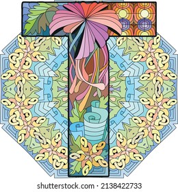 Letter T monogram, engraving design on mandala. Vector illustration.
