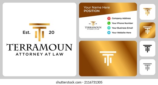 Letter T monogram law logo design with business card template.

