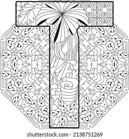 Letter T monogram with mandala, engraving design. Vector illustration for coloring.