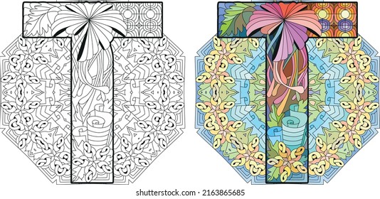 Letter T Monogramm mit Mandala, Gravierungsdesign. Vektorgrafik zum Färben. Farbe und Kontursatz