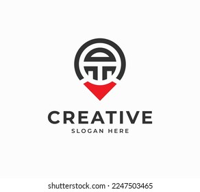 Buchstabe A T mit negativem Leerzeichen, coole Pin-Position-Technologie, minimale kreative Vektordesign-Logo