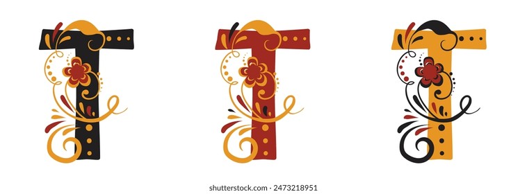 The letter T in the old Russian style in three versions with beautiful curls. Traditional Russian floral motifs. For monogram, invitations, wedding, decoration.
