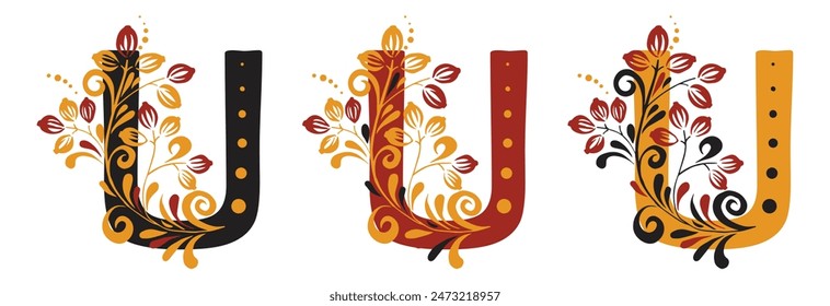 The letter T in the old Russian style in three versions with beautiful curls. Traditional Russian floral motifs. For monogram, invitations, wedding, decoration.