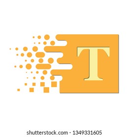 letter T on a colored square with destroyed blocks on a white background.