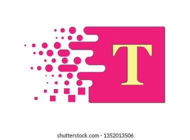 letter T on a colored square with destroyed blocks on a white background.