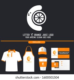 Letter T Orange Juice Logo Template Design Vector Illustration on Black Background with Branding Design Company - Business Card, Hat, T Shirt, Cup,  Apron - and Beverage Logo for Company