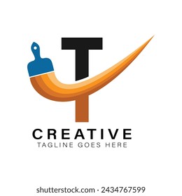 Letter T Paint Brush Logo. Alphabet T House Paint Business Icon