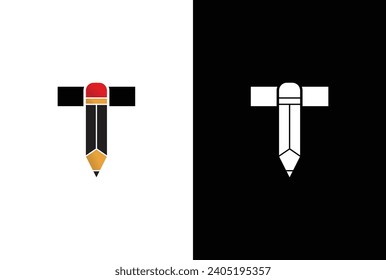 Letter T Pencil Logo Design. Letter T Pencil Vector Icon Graphic Illustration Background Template.