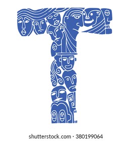 Letter T. People crowd. Isolated alphabet design. Hand drawn vector illustration in cartoon style
