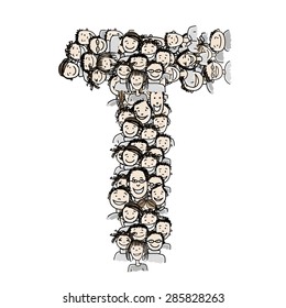 Letter T, people crowd, vector alphabet for your design