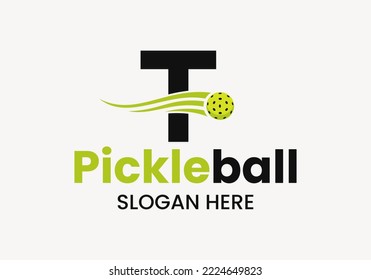 Letter T Pickleball Logo Concept With Moving Pickleball Symbol. Pickle Ball Logotype Vector Template